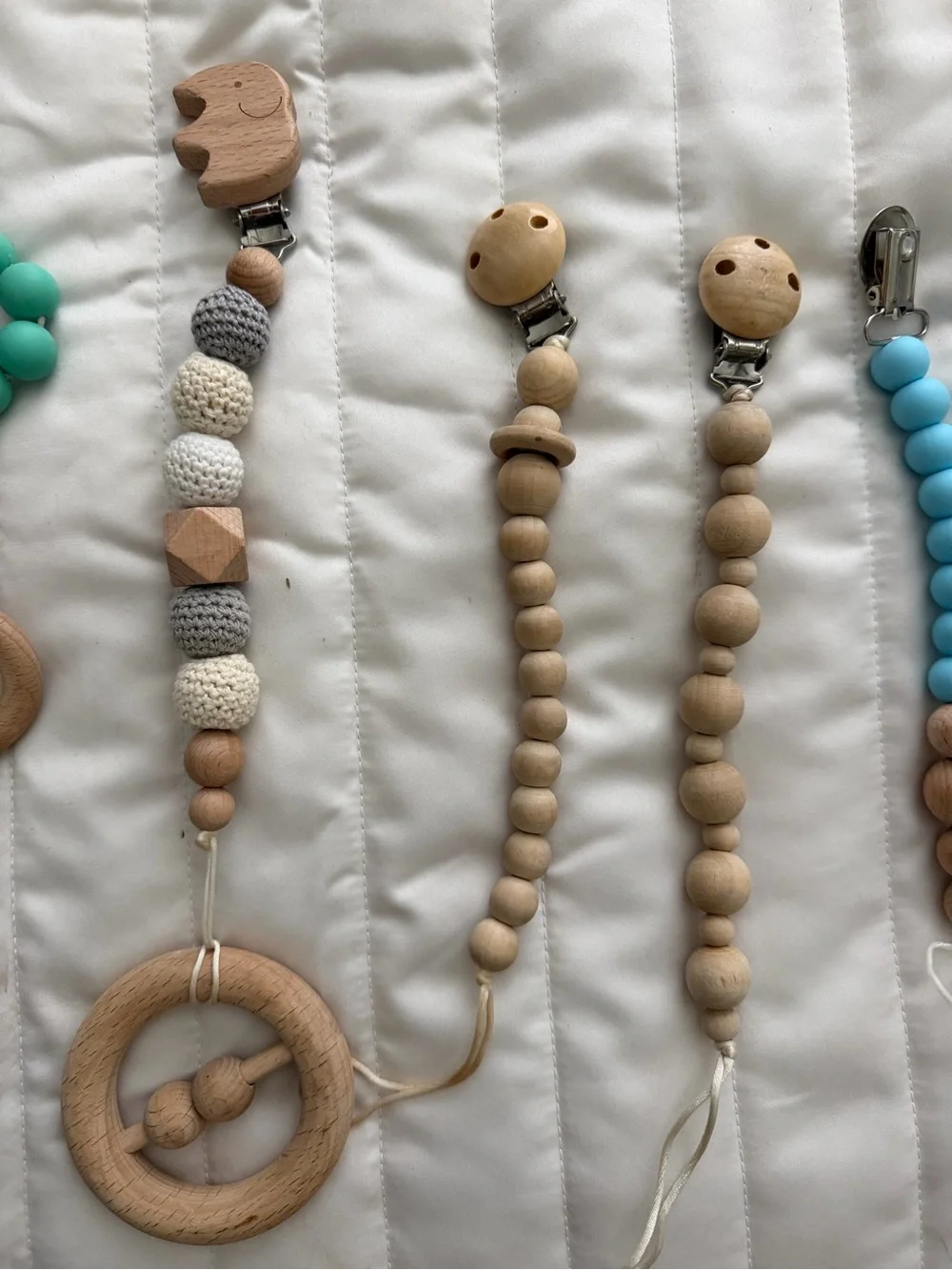 Handmade Wooden and Silicone Baby Pacifier Clips & Teethers - Neutral & Aqua Mix